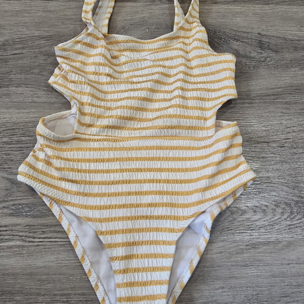 Zara Girls Yellow and White Striped One-Piece Cutout Swimsuit